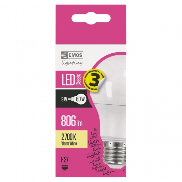 Emos LED žárovka Classic A60 9W = 60W E27, Teplá bílá 2700K 1ks